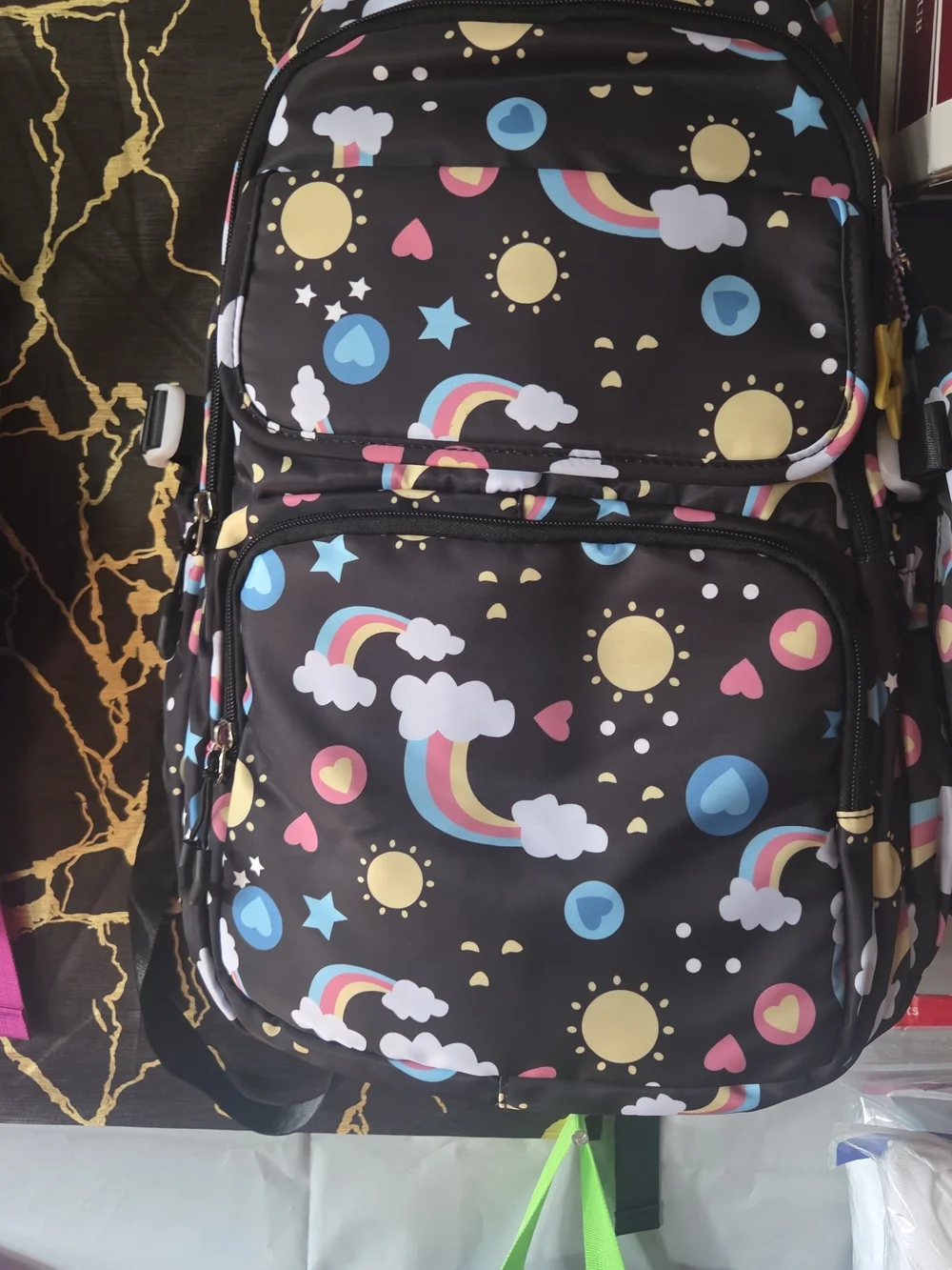 Kids Black Rainbow & Sun Print Backpack with Hearts and Clouds
